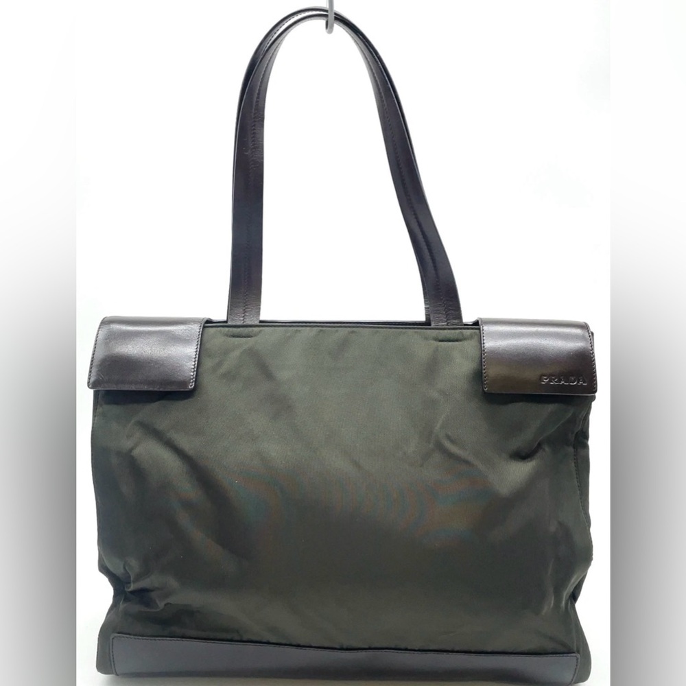 PRADA‎ Vintage Y2K Unisex Rare Dark Olive Nylon/Leather Shopper Tote Handbag